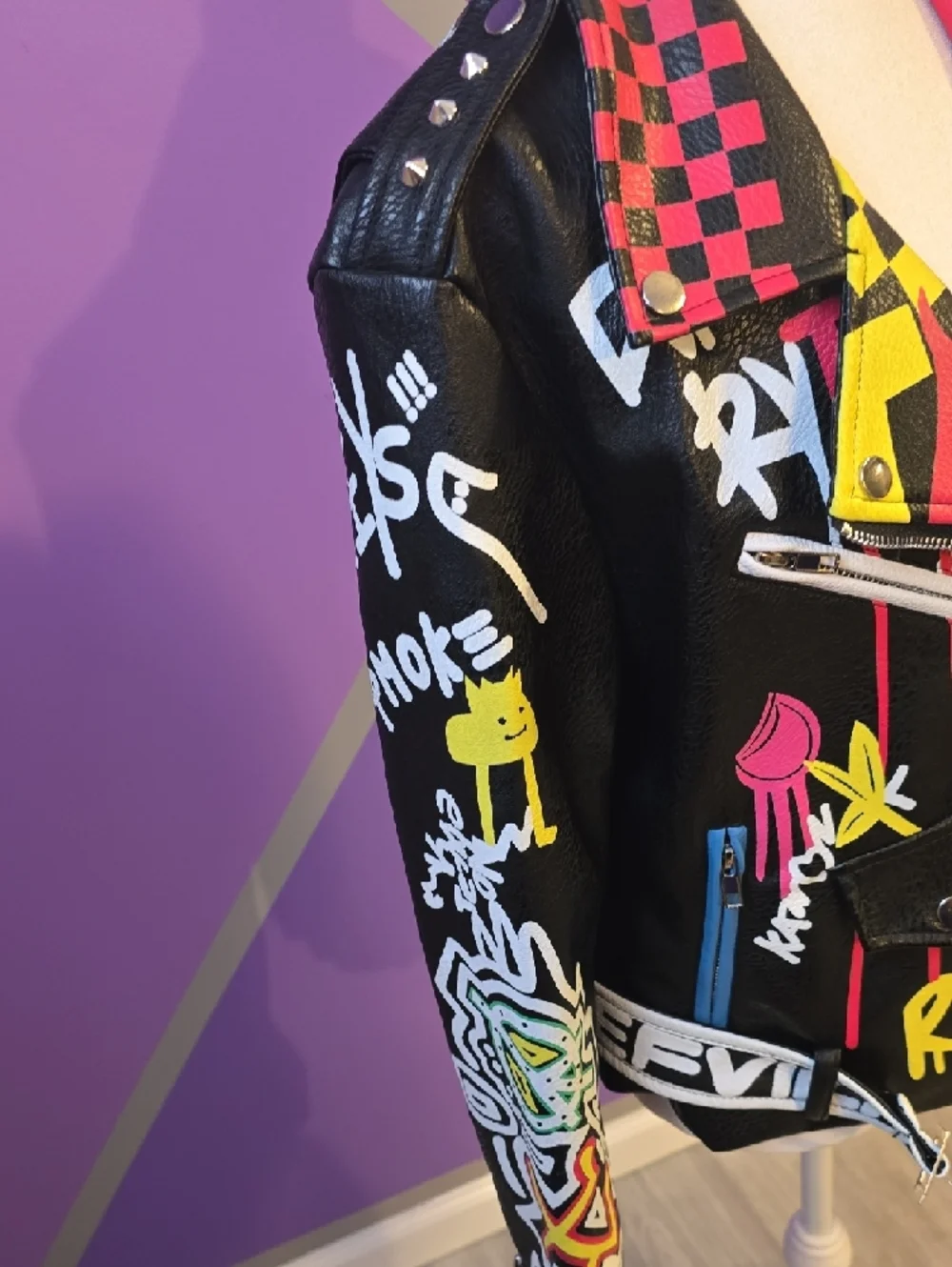 Painted Black Leather Biker Jacket with Multicolor Graffiti Accents - Picture 4 of 14